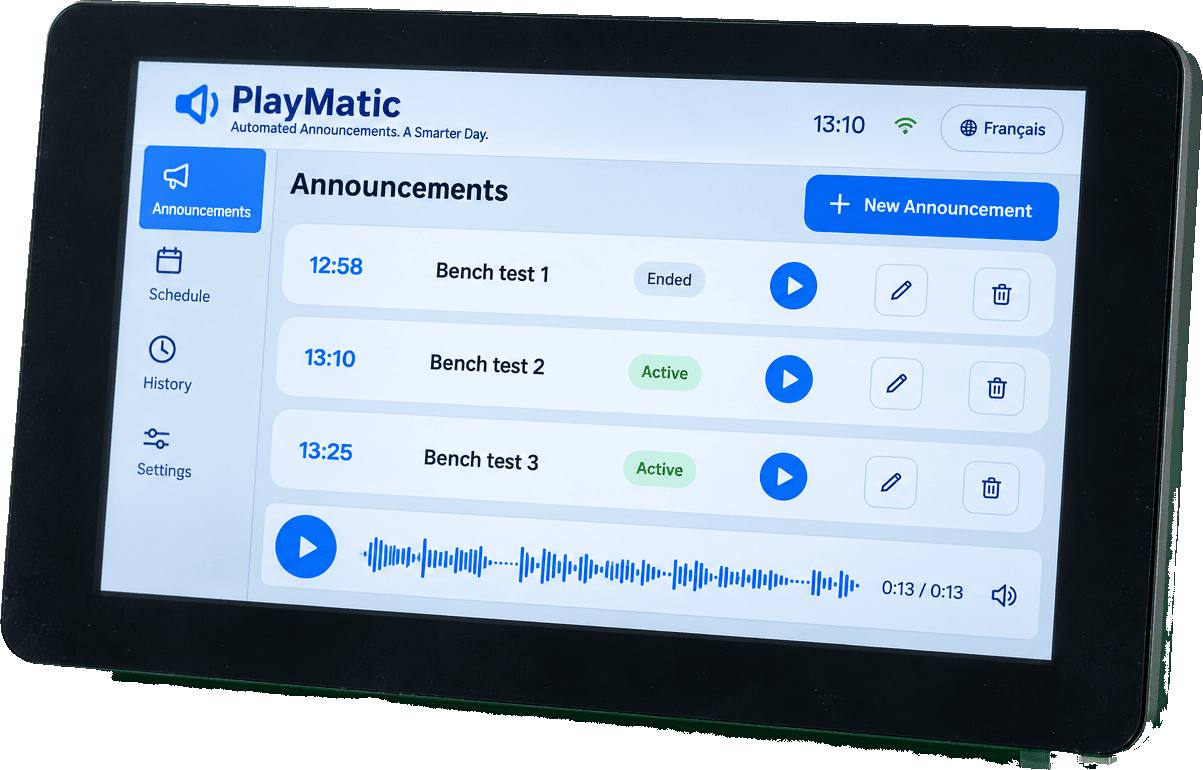 PlayMatic SM1 announcement device, showing scheduled announcements on its touchscreen